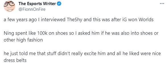 你还挺懂时尚！外媒分享TheShy早年采访趣事：我不喜欢鞋，喜欢皮带